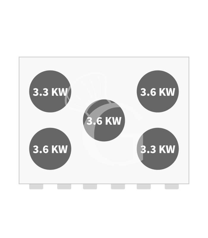 Cocina de gas profesional 5 fuegos, horno eléctrico de convección GN1/1 rejillas profundidad 600 mm