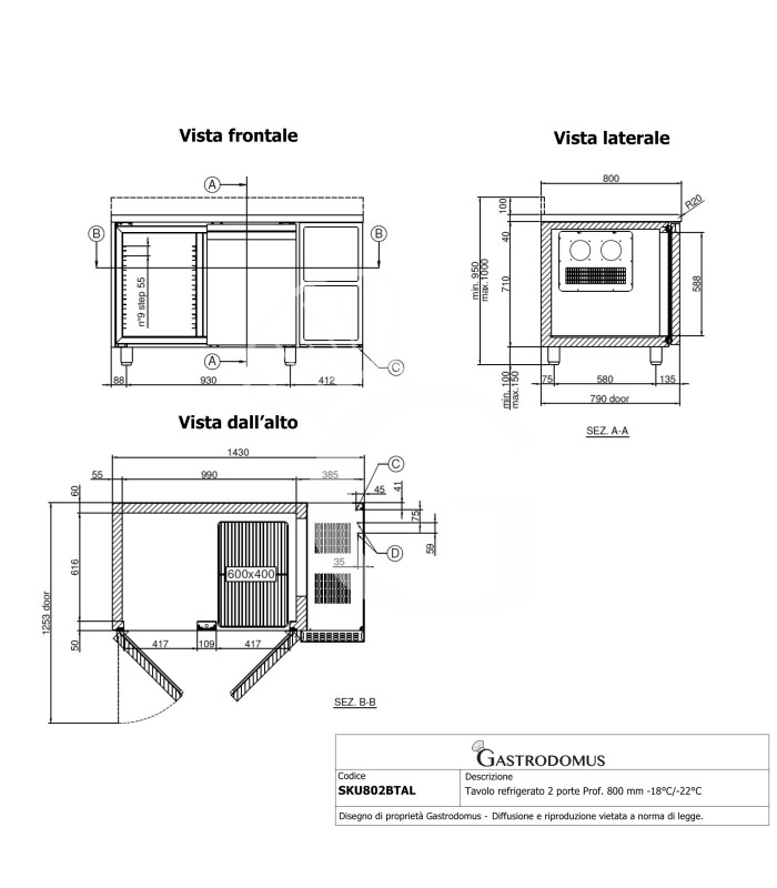 Mesa Refrigerada 2 puertas Peto 800 mm de profundidad -18°C/-22°C, clase de eficiencia energética B