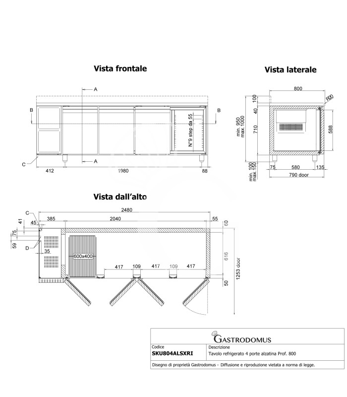 Mesa refrigerada 4 puertas, peto, prof.  800 mm 0°C/+10°C, motor a la izquierda, clase energética D