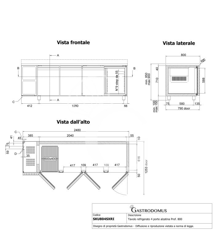 Mesa Refrigerada Motor a la izquierda 4 Puertas 800 mm de profundidad 0°C/+10°C Clase de eficiencia energética D