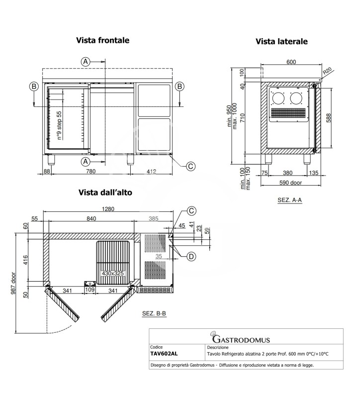 Mesa Refrigerada 2 puertas Peto 600 mm de profundidad temperatura 0°C/+10°C - clase de eficiencia energética A