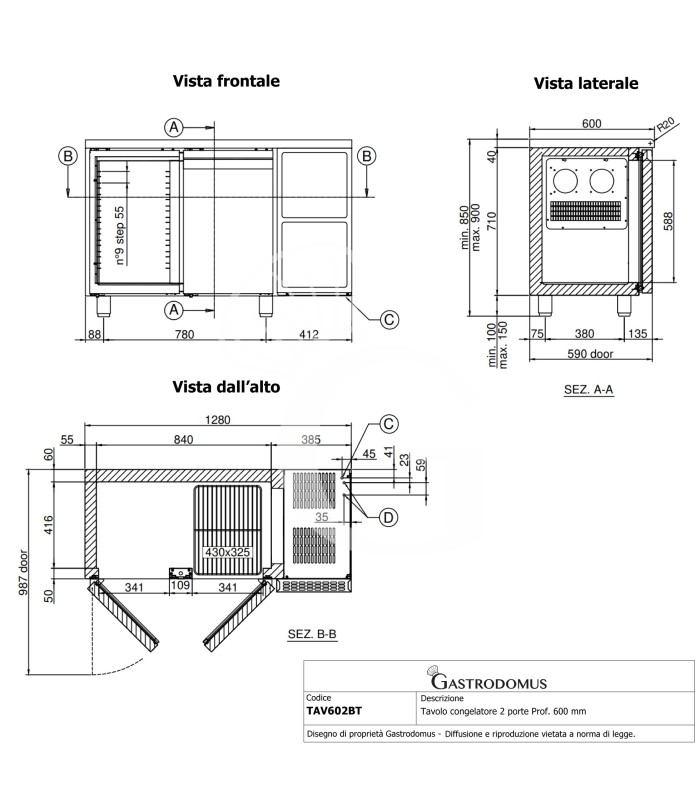 Mesa Refrigerada 2 puertas 600 mm de profundidad -18°C/+22°C clase de eficiencia energética E