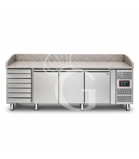 Banco de pizza refrigerado con encimera de granito, 3 puertas y 7 cajones, 580 L