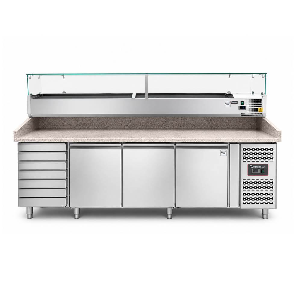 Mesa pizza refrigerado con encimera de granito, 3 puertas, 7 cajones y vitrina para 12 cubetas GN 1/3