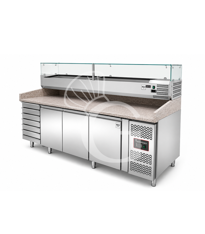 Mesa pizza refrigerado con encimera de granito, 3 puertas, 7 cajones y vitrina para 12 cubetas GN 1/3
