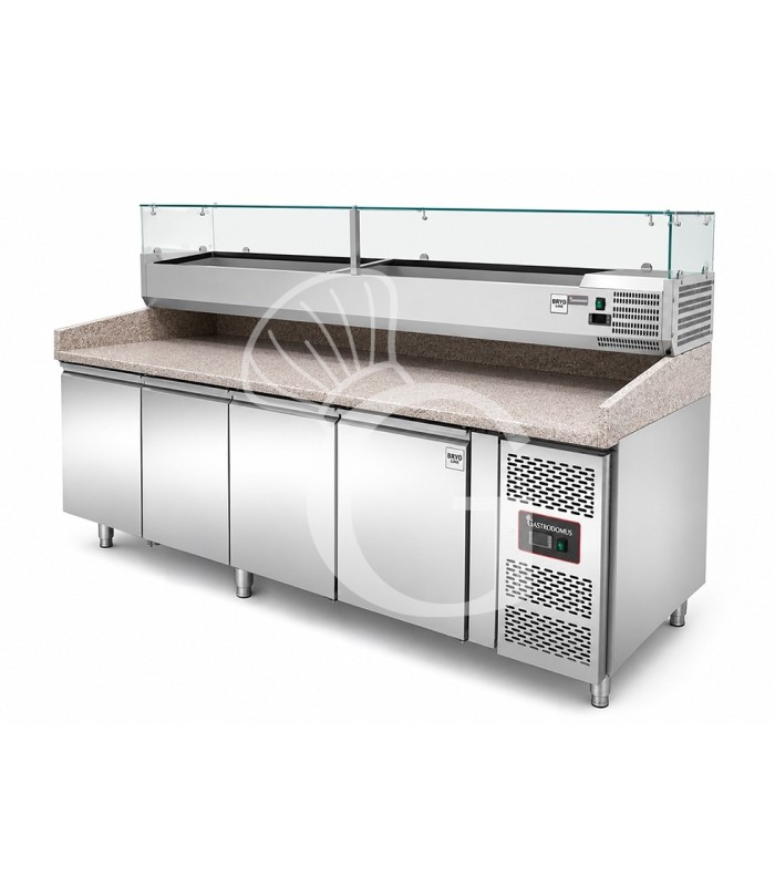 Mesa pizza refrigerada con encimera de granito, 4 puertas y vitrina para 12 cubetas GN 1/3