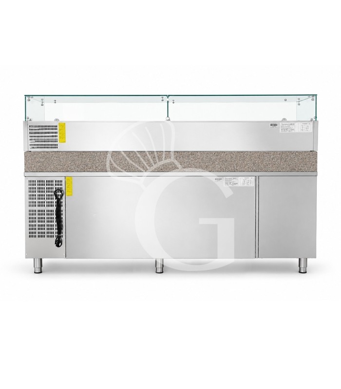 Mesa pizza refrigerada con encimera de granito, 4 puertas y vitrina para 12 cubetas GN 1/3