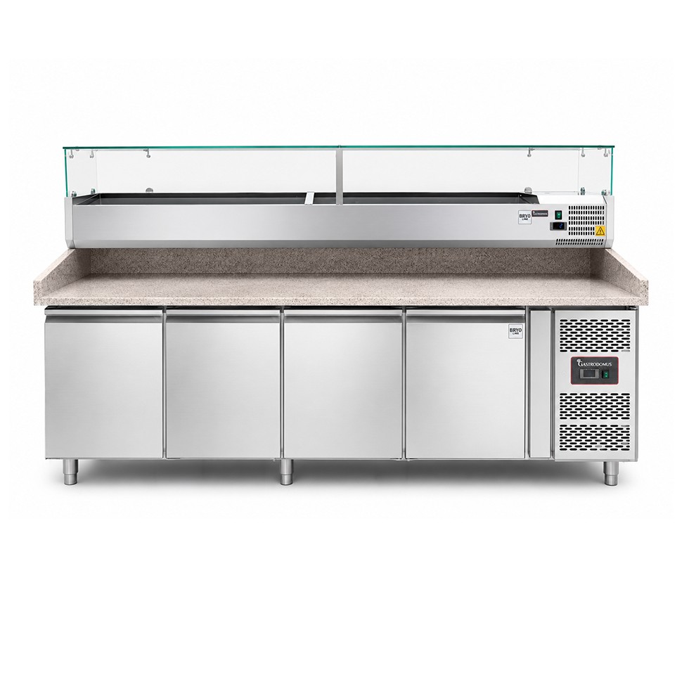 Mesa pizza refrigerada con encimera de granito, 4 puertas y vitrina para 12 cubetas GN 1/3