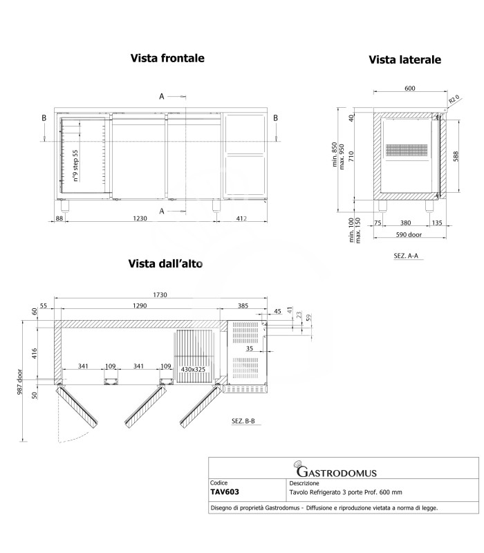 Mesa Refrigerada 3 puertas 600 mm de profundidad 0°C/+10°C clase de eficiencia energética C