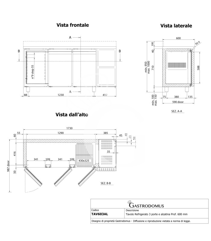 Mesa Refrigerada 3 Puertas Peto 600 mm de profundidad 0°C/+10°C Clase de eficiencia energética A