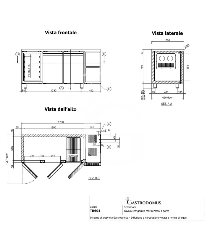 Mesa Refrigerada 4 puertas 600 mm de profundidad 0°C/+10°C clase de eficiencia energética C