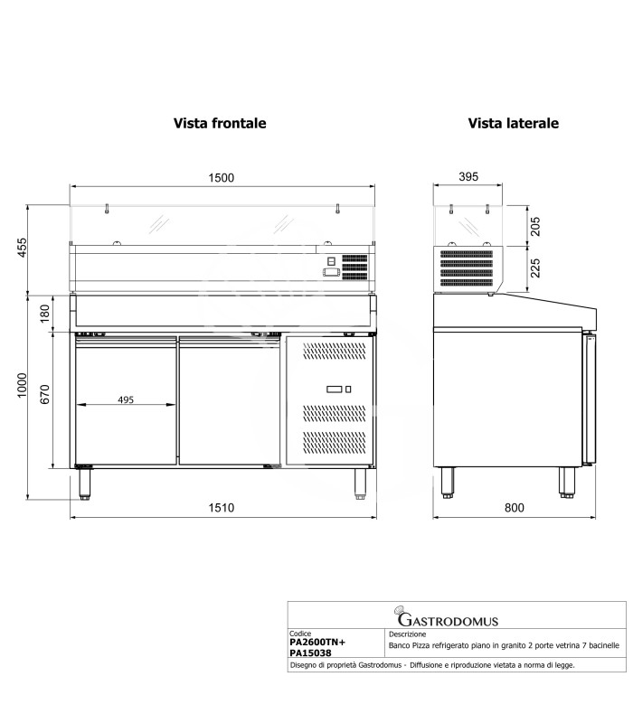 Mesa Refrigerada para pizza 600X400 2 puertas Vitrina Refrigerada 5 Cubetas GN1/3+1 GN1/2 390 LT