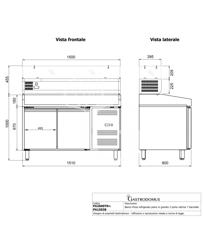 Mesa Refrigerada para pizza 600X400 2 puertas Vitrina Refrigerada motor izquierda 5 Cubetas GN1/3+1 GN1/2 390 LT