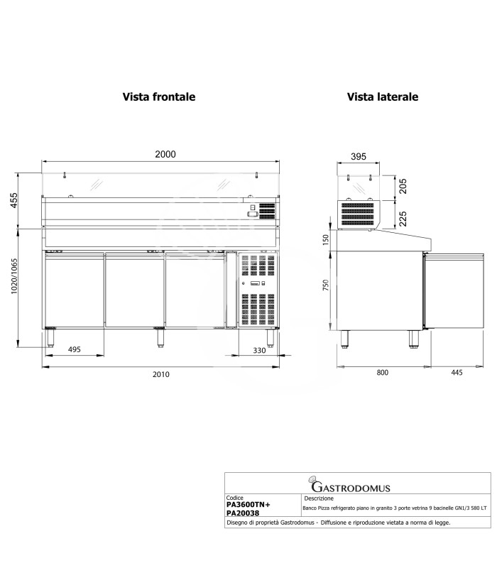 Mesa Refrigerada para pizza 600X400 3 Puertas Vitrina 9 Cubetas GN1/3 580 LT