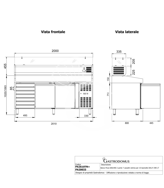Mostrador para pizza 600 x 400, 2 puertas, 7 cajones, vitrina con 10 bandejas GN1/4, 390 L.