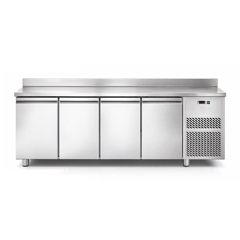 Mesa refrigerada con 4 puertas, peto, profundidad 600 mm y temperatura 0°C/+10°C, con motor a distancia