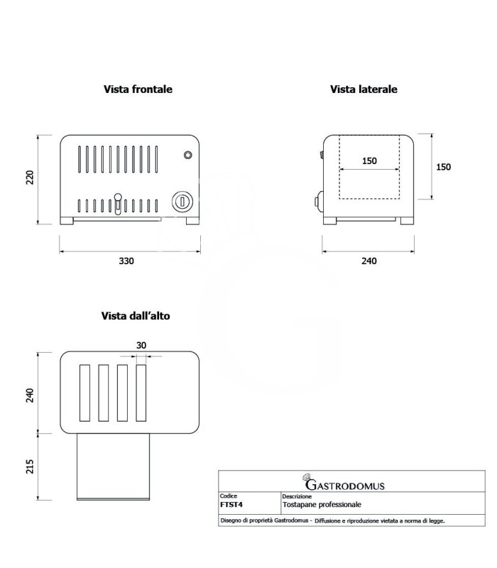 Tostadora profesional monofásica L 330 mm x P 220 mm x A 225 mm capacidad 4 rebanadas