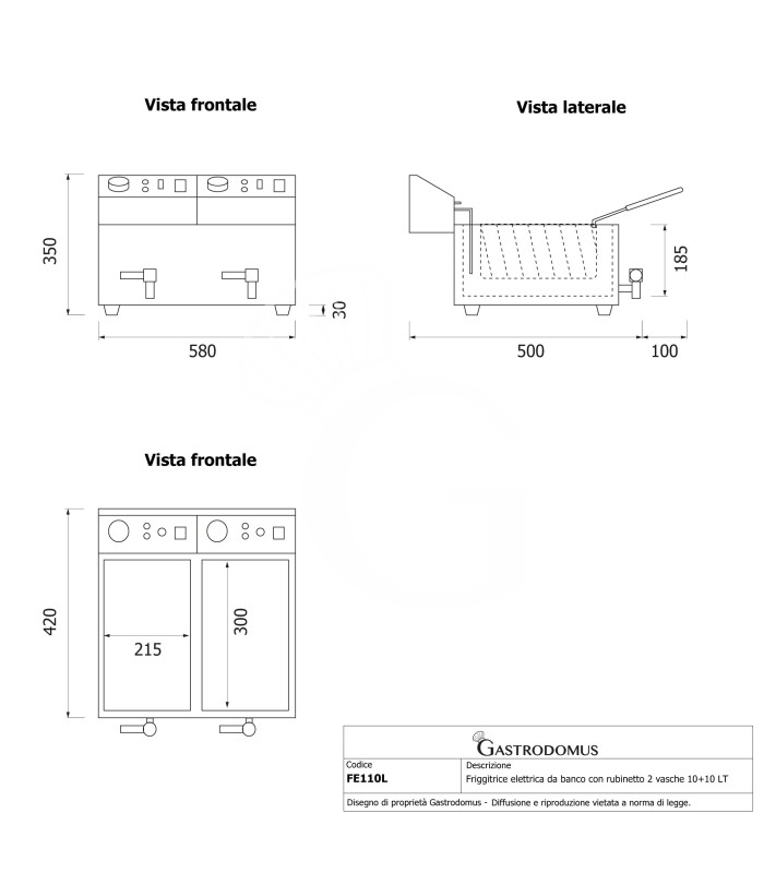 Freidora para bar eléctrica de sobremesa - 2 cubas - capacidad 10+10 LT - 3+3 kW Monofásica