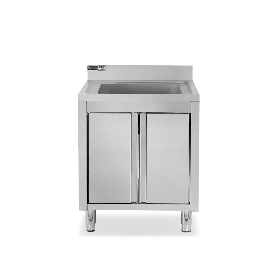 Fregadero con mueble inox con 2 puertas batientes, 1 cubeta, peto L800mmxP600mmxA965mm con agujero para el grifo de Ø 32 mm