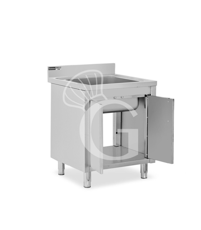 Fregadero con mueble inox con 2 puertas batientes, 1 cubeta, peto L800mmxP600mmxA965mm con agujero para el grifo de Ø 32 mm