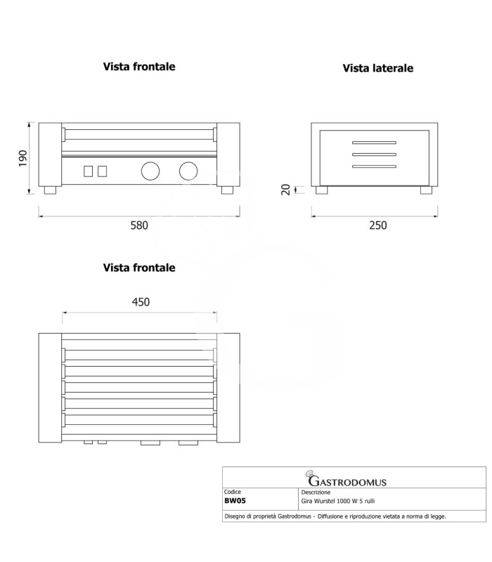 Asador de salchichas 1400 W 5 rodillos L 580 mm x P 250 mm x A 190 mm