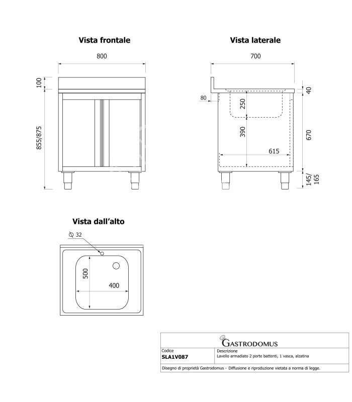 Fregadero con mueble inox con 2 puertas batientes, 1 cubeta, peto L 800 mm x P 700 mm x A 965 mm agujero grifo Ø32mm