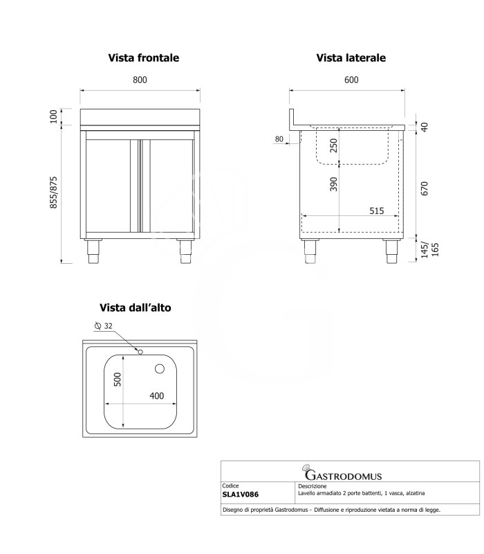 Fregadero con mueble inox con 2 puertas batientes, 1 cubeta, peto L800mmxP600mmxA965mm con agujero para el grifo de Ø 32 mm