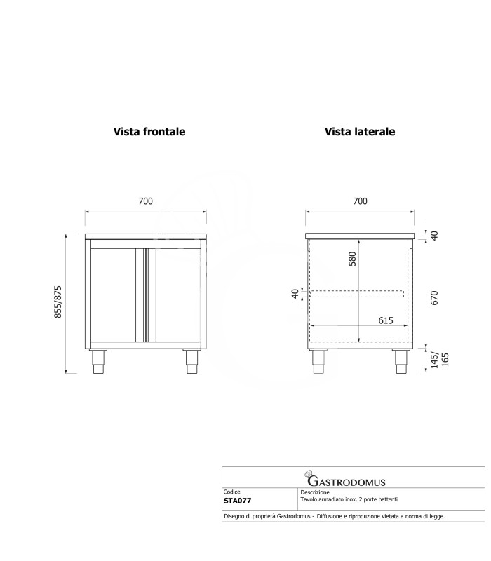 Mesa mural de acero inoxidable 2 puertas batientes L 700 mm x P 700 mm x A 850 mm