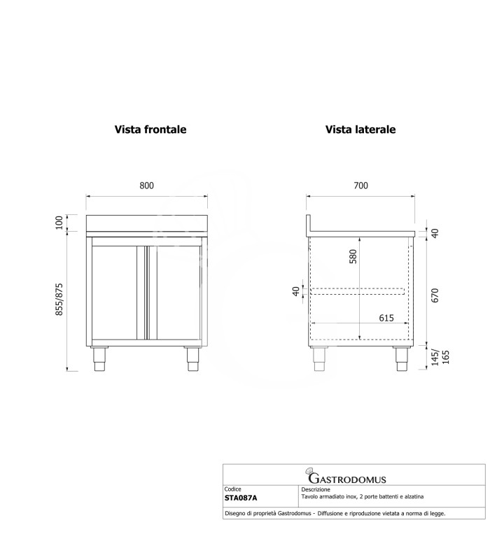 Mesa mural de acero inoxidable 1 puerta batiente y peto L 800 mm x P 700 mm x A 950 mm