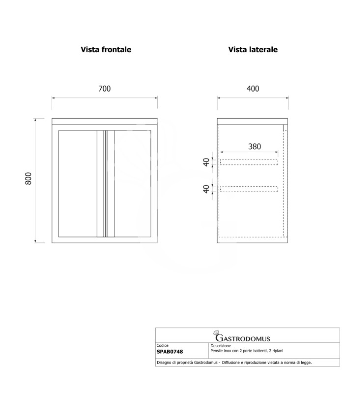 Armario de pared de acero inoxidable con 2 puertas batientes y 2 estante, L 700 mm x P 400 mm x A 800 mm