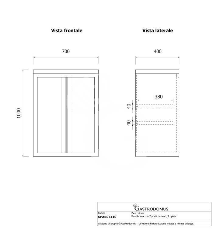 Armario de pared con 2 puertas batientes , 2 repisas, L 700 x P 400 x H 1000 mm