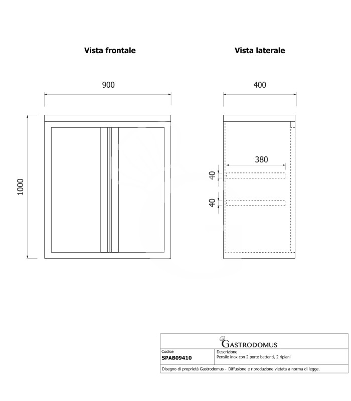 Armario de pared de acero inoxidable 2 puertas batientes y 2 estantes, L 900 mm x P 400 mm x A 1000 mm