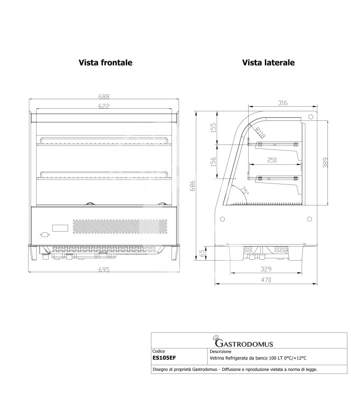 Vitrina refrigerada ventilada de sobremesa 100 LT 0°C/+12°C L 695 mm x P 470 mm x A 685 mm
