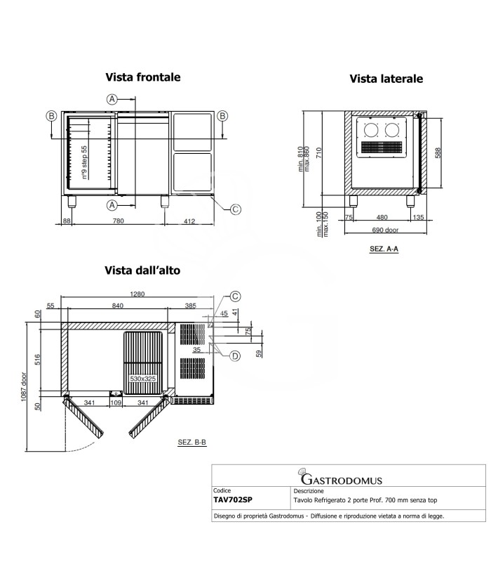 Mesa Refrigerada sin encimera 2 Puertas 700 mm de profundidad 0°C/+10°C