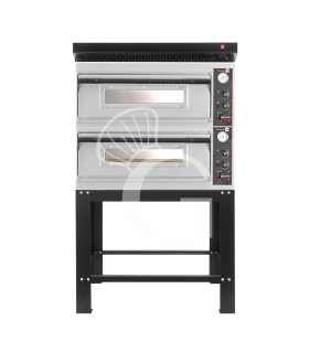 Horno eléctrico para pizza mecánico 4 + 4 pizzas Ø 320 mm – 9,4 kW, campana negra y soporte