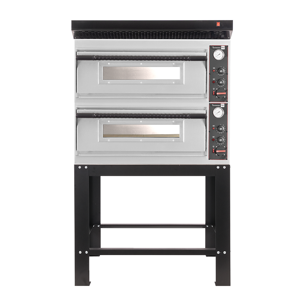 Horno eléctrico para pizza mecánico 4 + 4 pizzas Ø 320 mm – 9,4 kW, campana negra y soporte