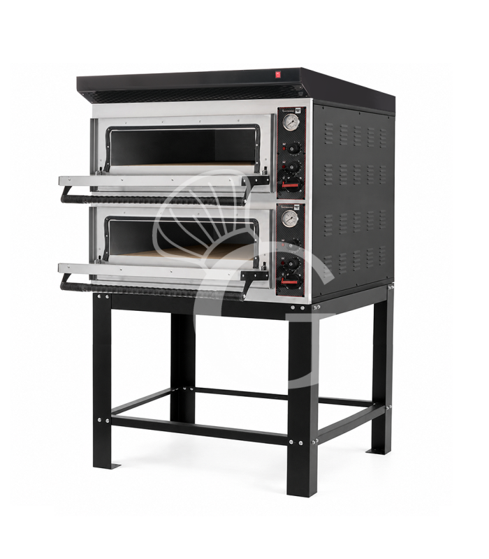 Horno eléctrico para pizza mecánico 4 + 4 pizzas Ø 320 mm – 9,4 kW, campana negra y soporte