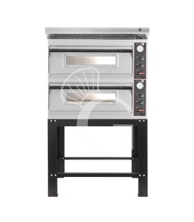 Horno eléctrico para pizza mecánico 4 + 4 pizzas Ø 320 mm – 9,4 kW, campana inox y soporte