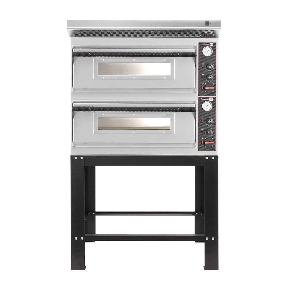 Horno eléctrico para pizza mecánico 4 + 4 pizzas Ø 320 mm – 9,4 kW, campana inox y soporte