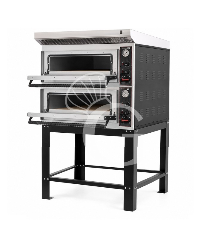 Horno eléctrico para pizza mecánico 4 + 4 pizzas Ø 320 mm – 9,4 kW, campana inox y soporte