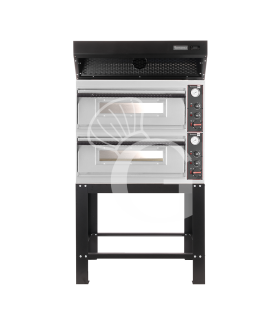 Horno eléctrico para pizza mecánico 4 + 4 pizzas Ø 320 mm – 9,4 kW, campana de condensación negra y soporte