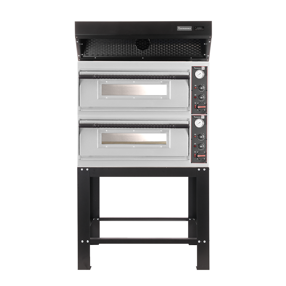 Horno eléctrico para pizza mecánico 4 + 4 pizzas Ø 320 mm – 9,4 kW, campana de condensación negra y soporte