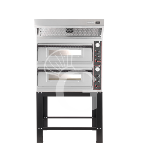 Horno eléctrico para pizza mecánico 4 + 4 pizzas Ø 320 mm – 9,4 kW, campana de condensación inox y soporte