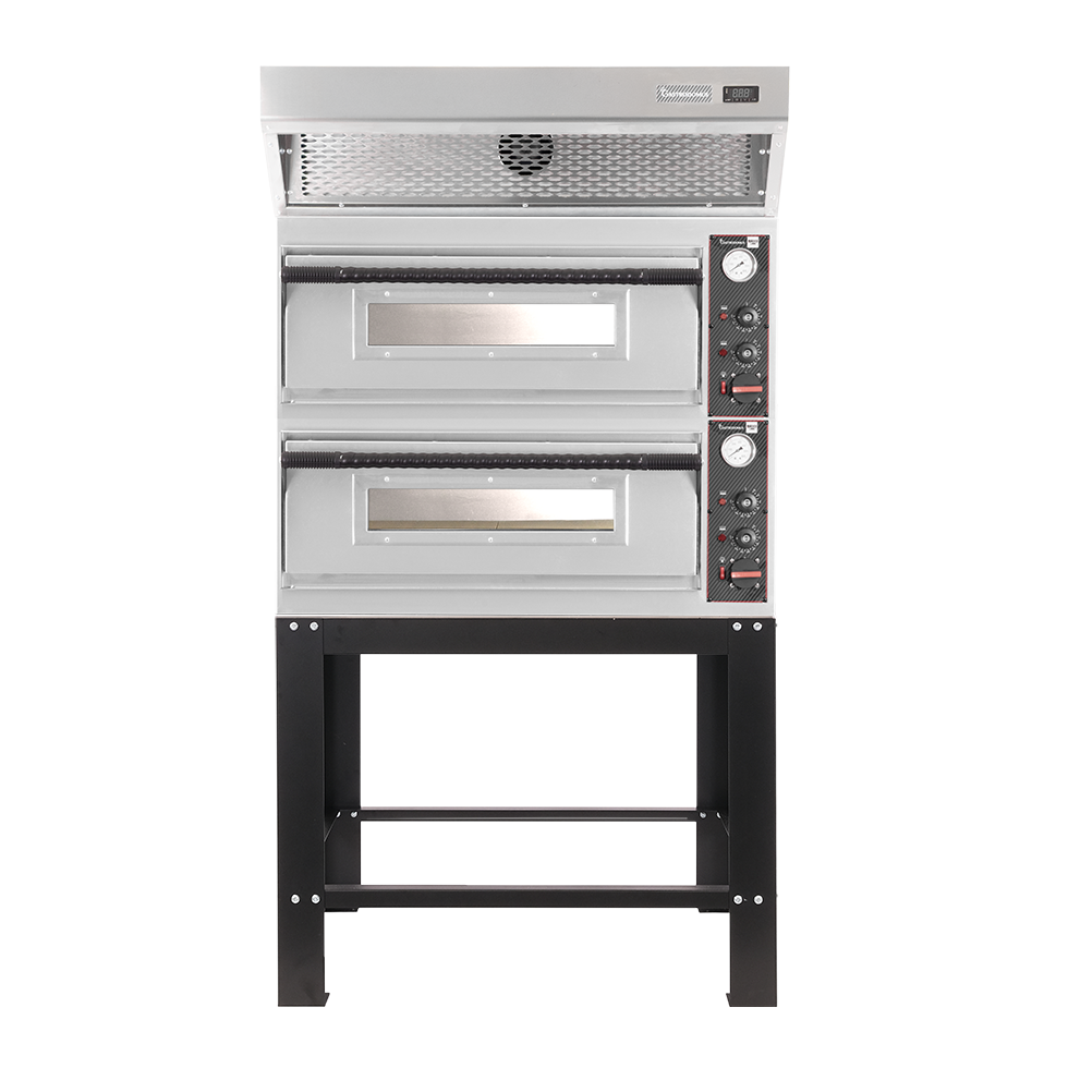 Horno eléctrico para pizza mecánico 4 + 4 pizzas Ø 320 mm – 9,4 kW, campana de condensación inox y soporte