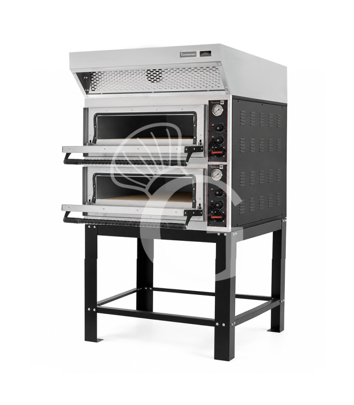 Horno eléctrico para pizza mecánico 4 + 4 pizzas Ø 320 mm – 9,4 kW, campana de condensación inox y soporte