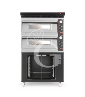 Horno eléctrico para pizza mecánico 4 + 4 pizzas Ø 320 mm – 9,4 kW, campana negra y cámara de fermentación negra