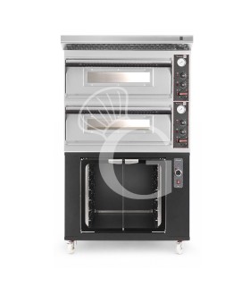 Horno eléctrico para pizza mecánico 4 + 4 pizzas Ø 320 mm – 9,4 kW, campana inox y cámara de fermentación negra