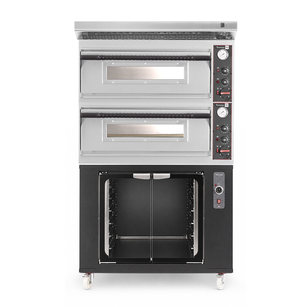 Horno eléctrico para pizza mecánico 4 + 4 pizzas Ø 320 mm – 9,4 kW, campana inox y cámara de fermentación negra