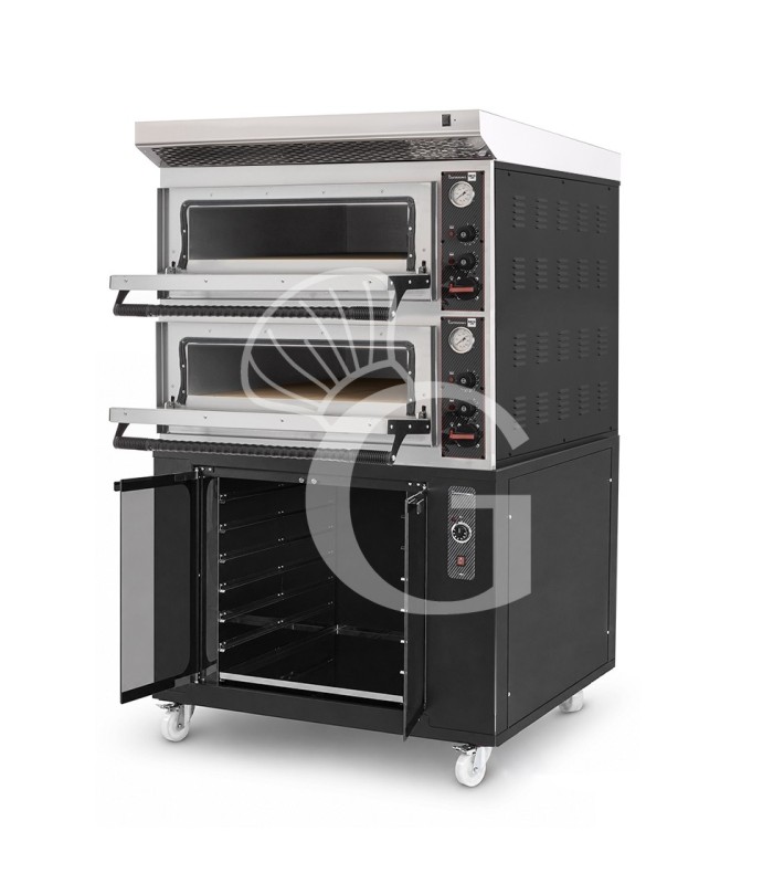 Horno eléctrico para pizza mecánico 4 + 4 pizzas Ø 320 mm – 9,4 kW, campana inox y cámara de fermentación negra