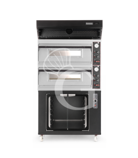 Horno eléctrico para pizza mecánico 4 + 4 pizzas Ø 320 mm – 9,4 kW, campana de condensación negra y cámara de fermentación negra